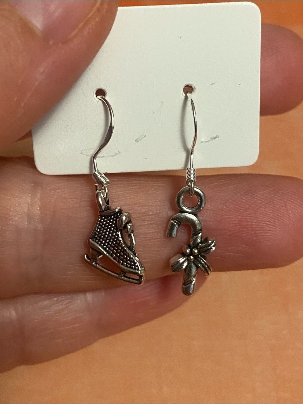 Silver Tone Ice Skate & Candy Cane Charm Earrings